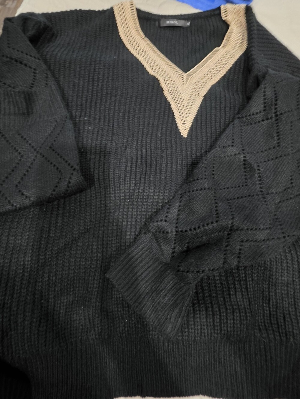 MEXX Black V-Neck Sweater with Tan Trim